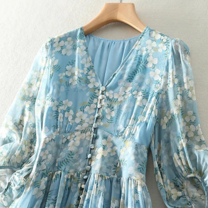 2023 Bohemia Summer Dress For Women Long sleeve V-neck Elegant Blue Chiffon Dresses High Waist Print Beach Long Dresses