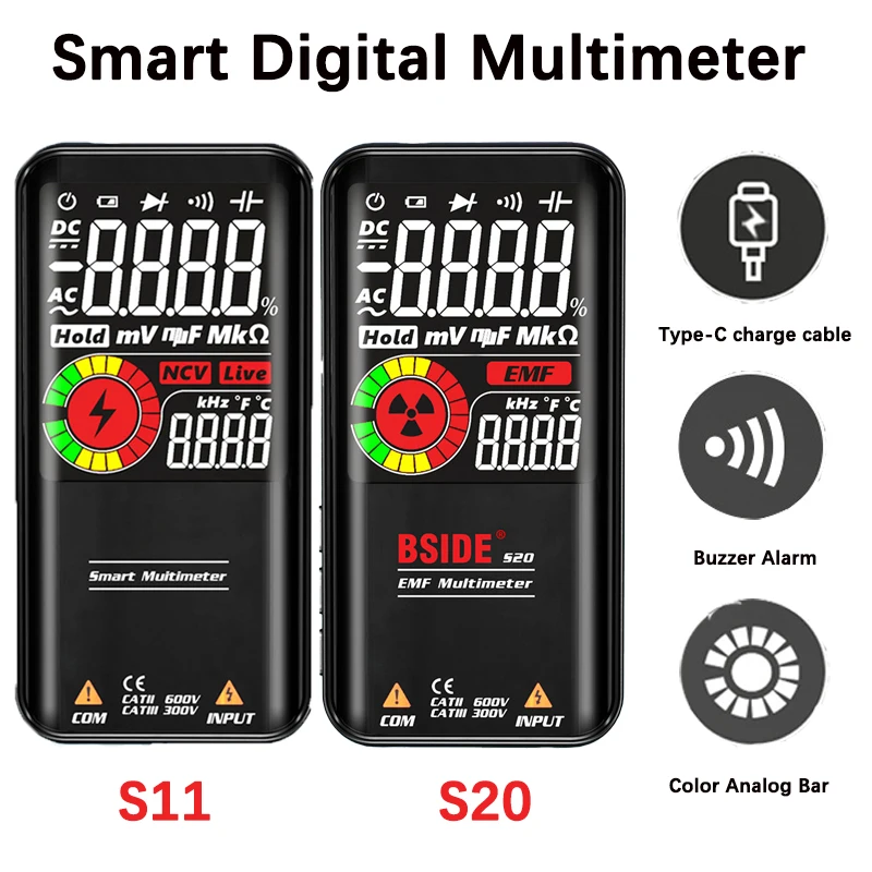 Multímetro Digital Inteligente com Display LCD, Recarregável, Profissional, DC, AC, Tensão, Capacitor, Ohm, NCV, Detector de EMF, S11, S20