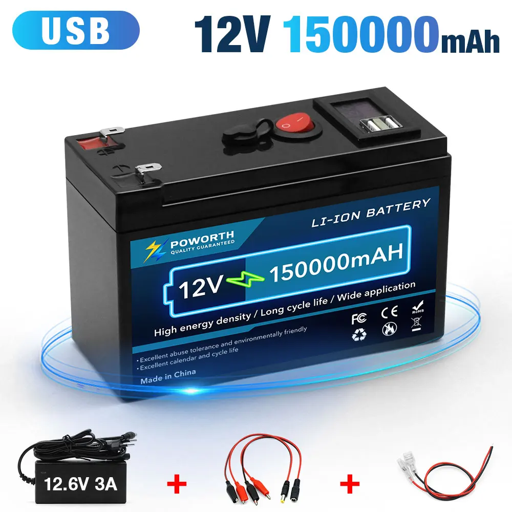 

12V 150000mAh 18650 Lithium Rechargeable Battery Built in BMS for Solar/Wind Power Lighting Power Wheels Fish Finder and More