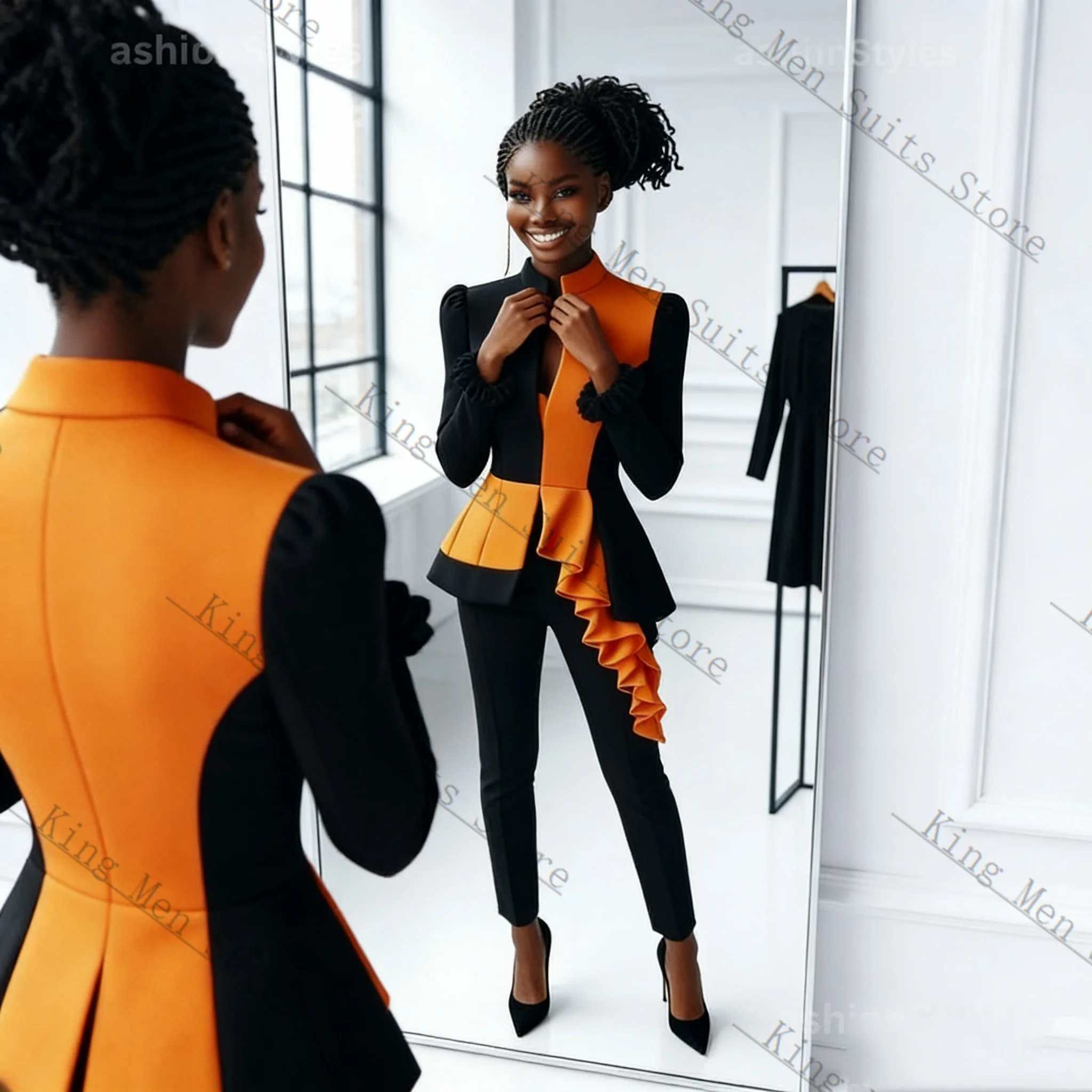 

Fashion Women Suit Set 2 Pcs Blazer Pants Spring Cotton Black Orange Customized Formal Office Wedding Tuxedos Coat Prom Jacket
