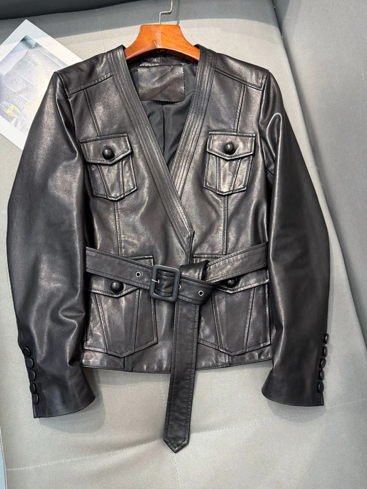 2025 Spring Brand New Leather Jacket for Women V-neck 100% Sheepskin Slim Fit Coat With Belt Black Shirt Vestes Femmes
