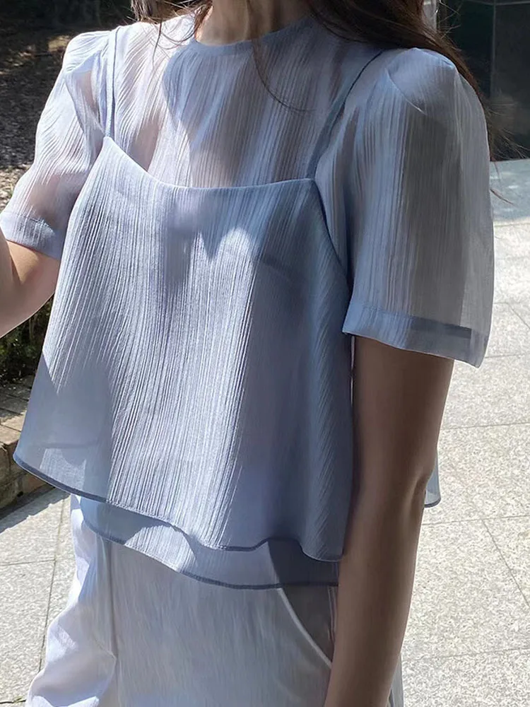 Women's Summer Chiffon See Through Shirt Two-piece Sets Korean Fashion Short Sleeve Blouses Tops+Chic Short Sling Camisole Suits