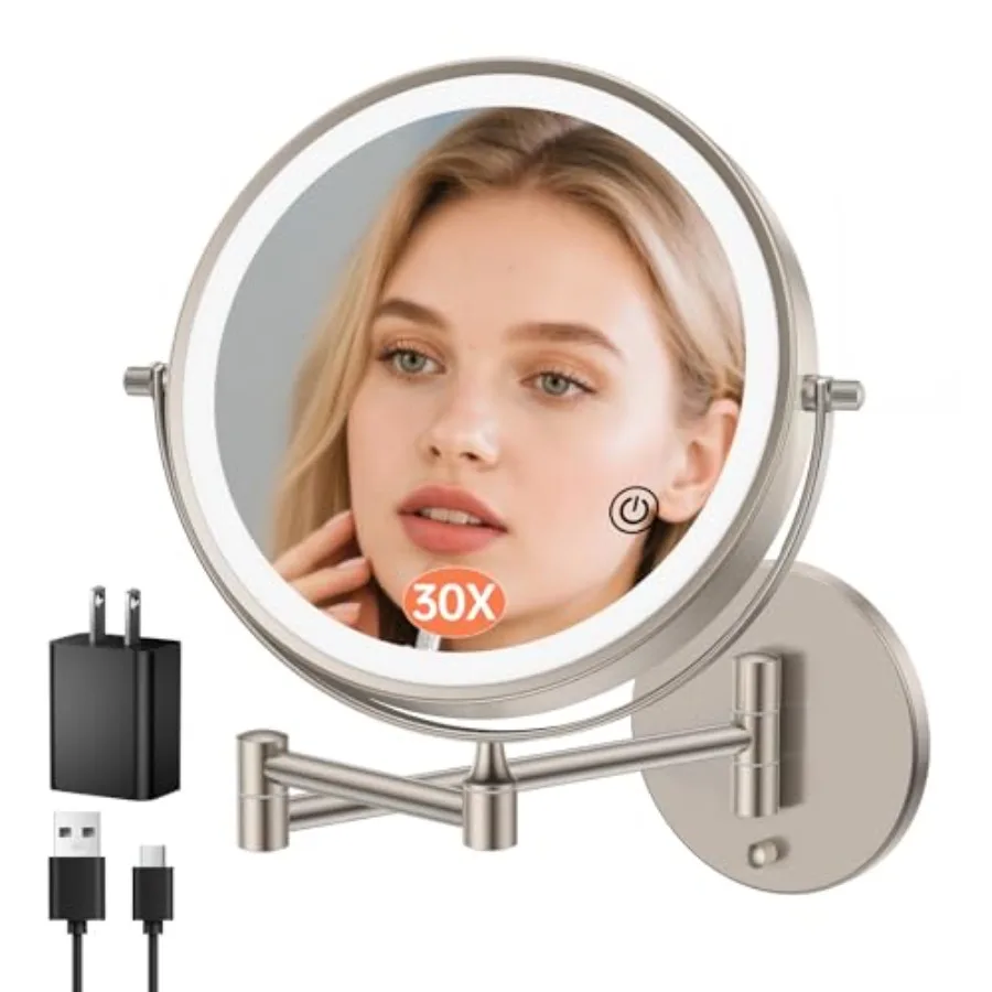 

5000mAh Rechargeable Wall Mounted Makeup Mirror with Lights, 9" Double Sided 1X/30X Magnifying Mirror with Dimmable 3 Color Lig
