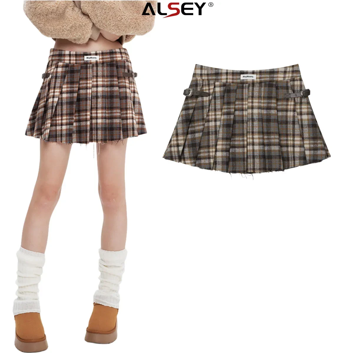 

ALSEY British Style Pleated Skirt Fall Winter Plaid Half Skirt High Waist Short Section Word Age Reduction Sexy Short Skirt 2023