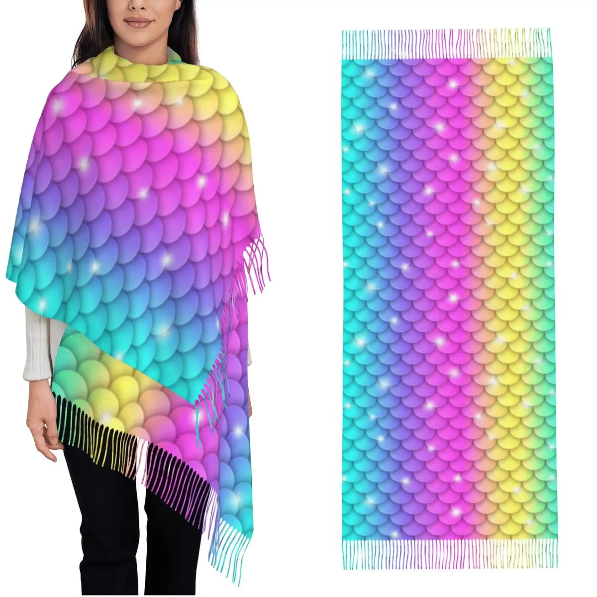 Sparkling Rainbow Scales Mermaid Shawl Wrap Women Winter Warm Large Soft Scarf Neckerchief Shawl Scarves