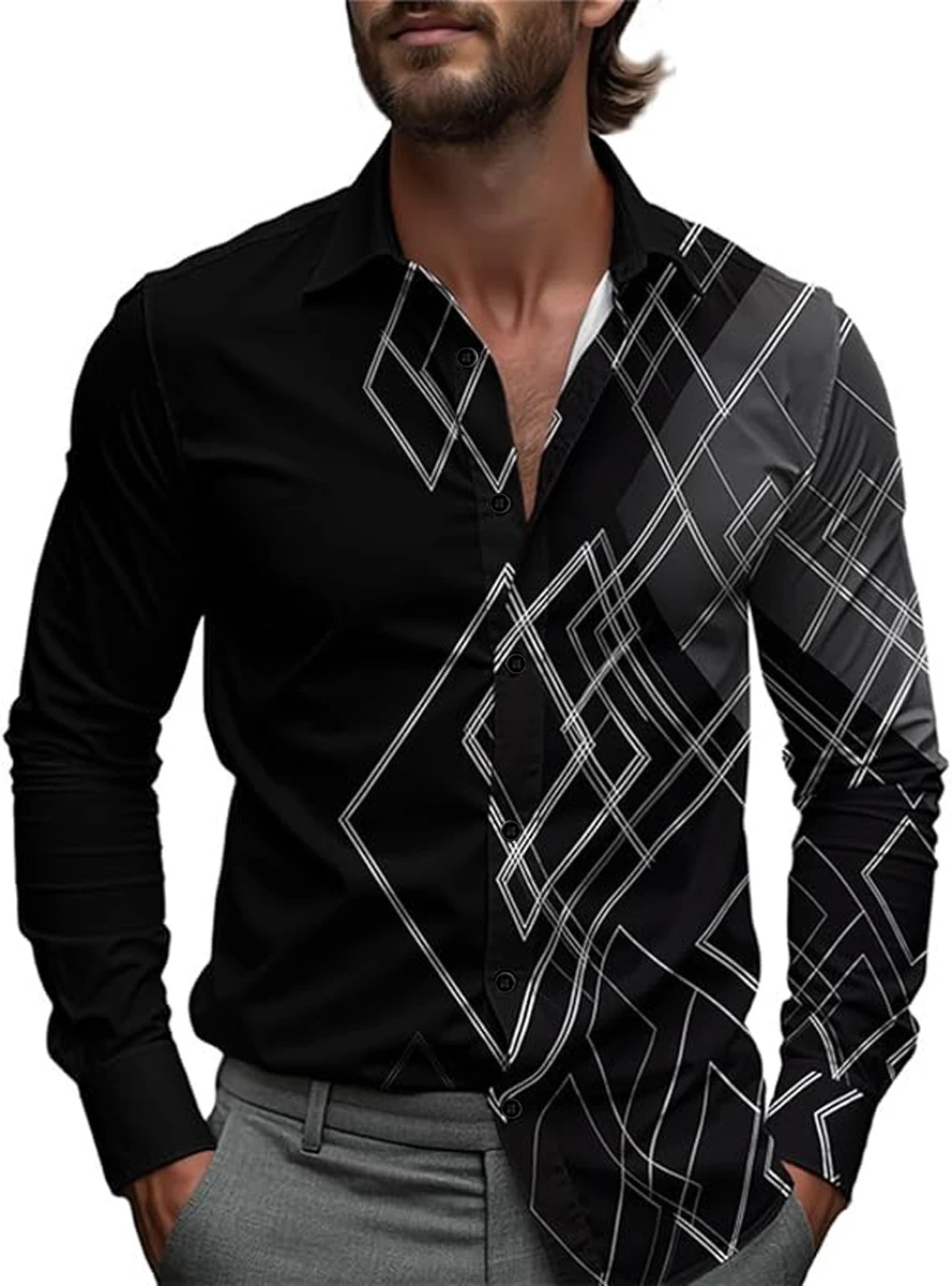 New Men's Shirt Hawaiian Lattice Beach Holiday Long Sleeve Black White Classic Business Shirt Xmas Button Up Shirt Man Designer