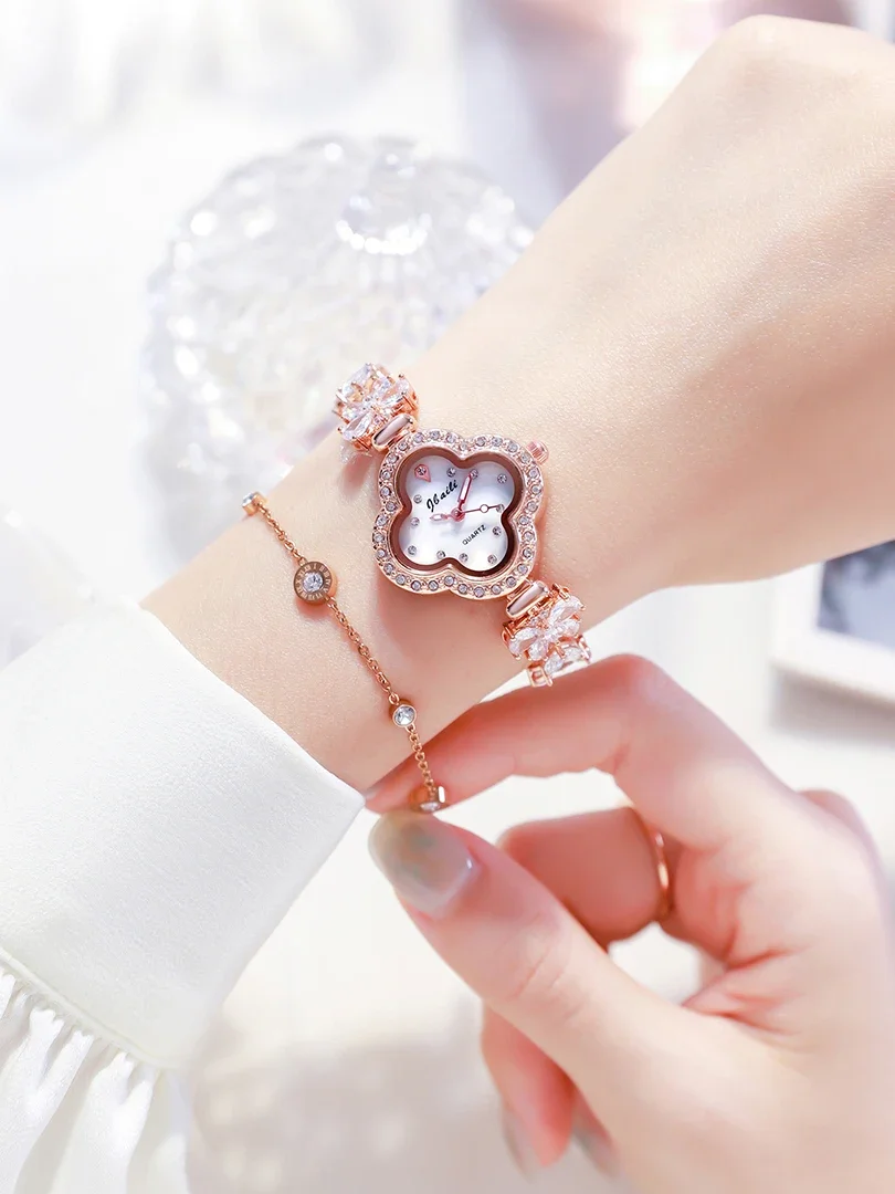 Rose Gold Sliver Watch Women Quartz Wristwatch Luxury Bangle Bracelet Style Diamond Clock Ladies Girls Vintage New Flower Reloj