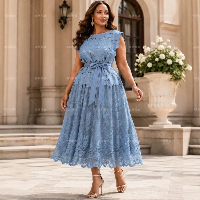 Miyake Pleated Skirt Set 2026 New French Style Elegant Slim Plus Size Women Fold Sleeveless Lace Rhinestone Large Hem Skirt Set