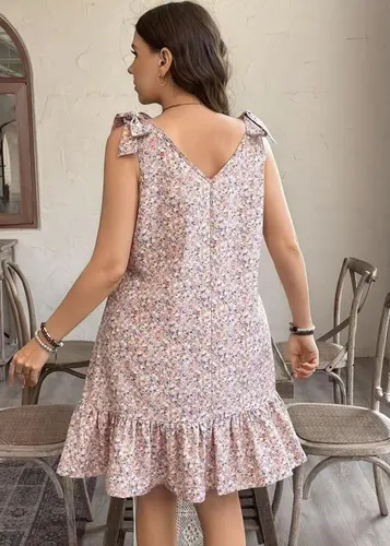 Imagen 2 del producto Vestido suelto sin mangas con botones y cuello en V con flores pequeñas europeas y americanas