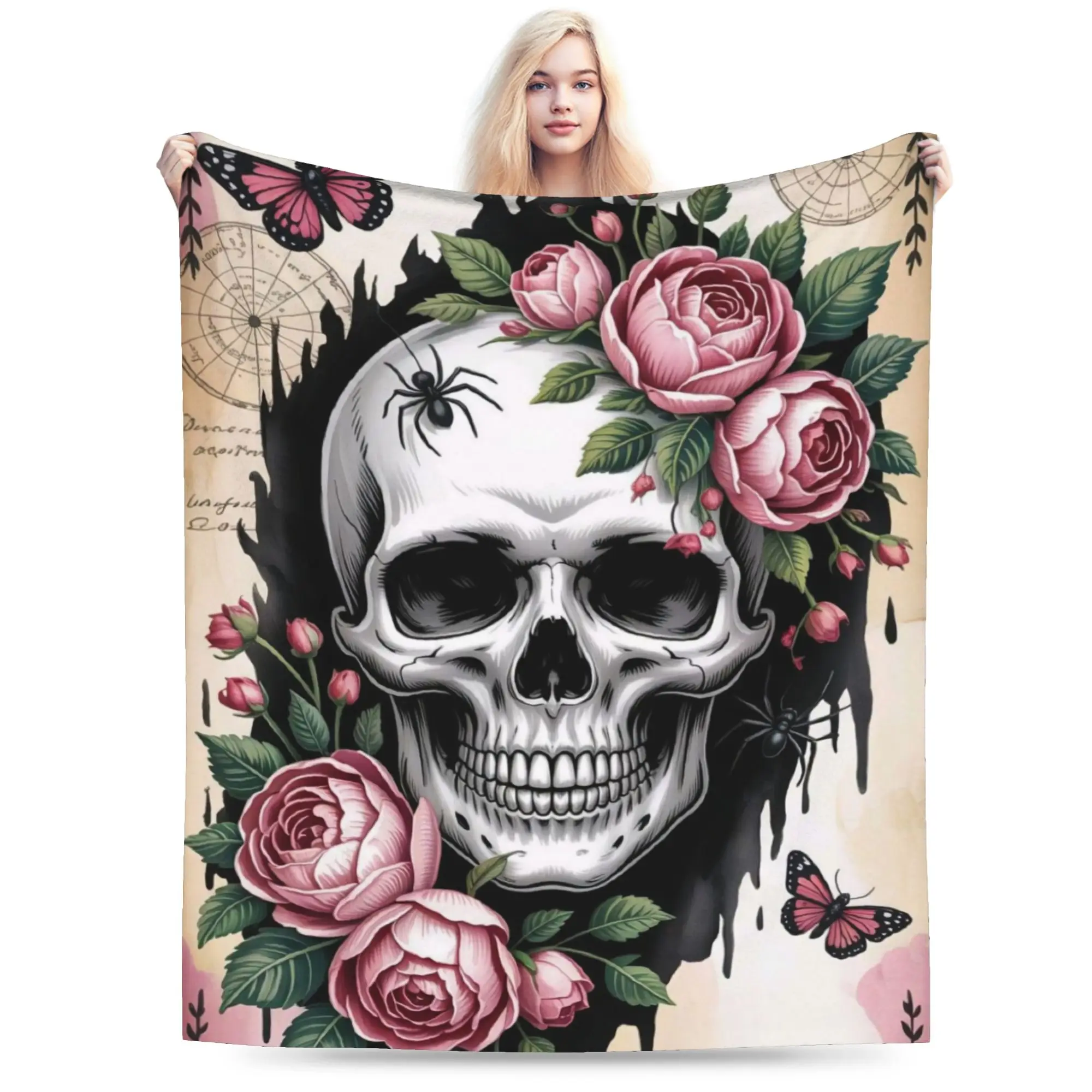 Halloween Skulls And Flowers Gothic Goth Blanket Multiple Sizes Cozy and Lightweight  Throw Blankets for Sofa Couch and Bed