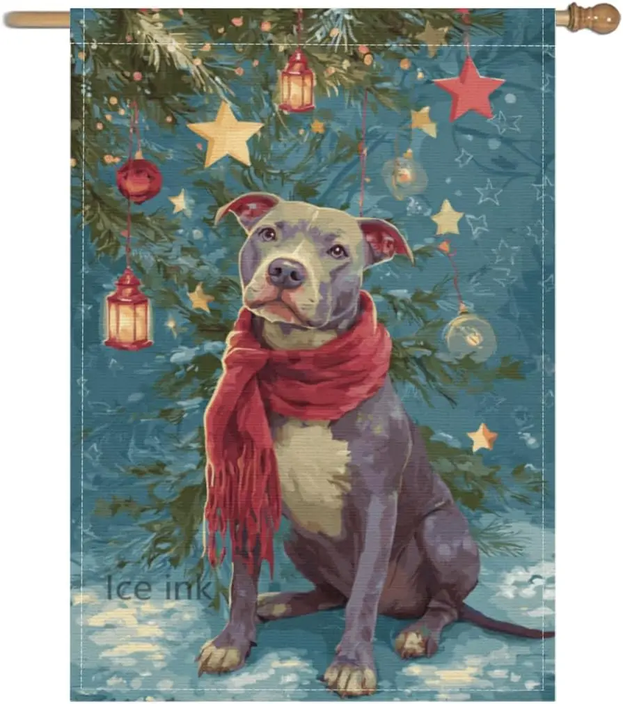 Merry Christmas Pitbull Dog Winter Garden Flag 28x40 Inch Double Sided Linen Small Yard Flag Halloween House Flags for Lawn  yyi