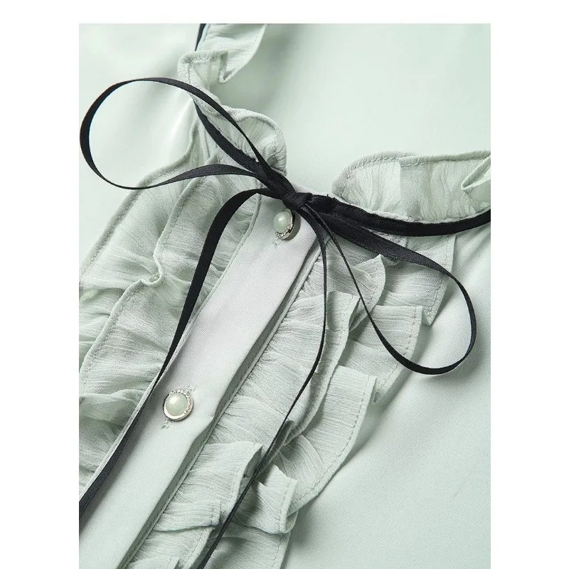 ملابس نسائية قميص شيفون بأكمام طويلة وياقة واقفة وربطة عنق فرنسية راقية قميص بنمط جديد برباط علوي #6