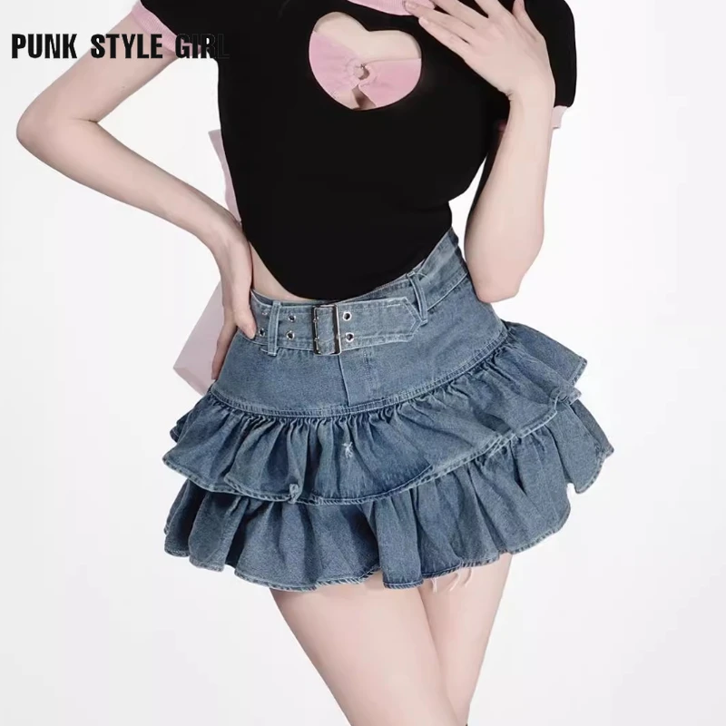 

2024 Summer Cake Kawaii Jean Skirt Shorts Women Korean Fashion High Waist A-line Belt Patchwork Cute Ruffles Denim Mini Skirt