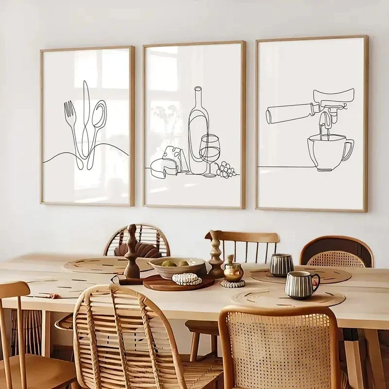 2D Flat Printing 3pcs frameless Multiple sizes   Canvas Painting, Black White Aesthetic Tableware Wine Cheese Coffee Line Art Ca