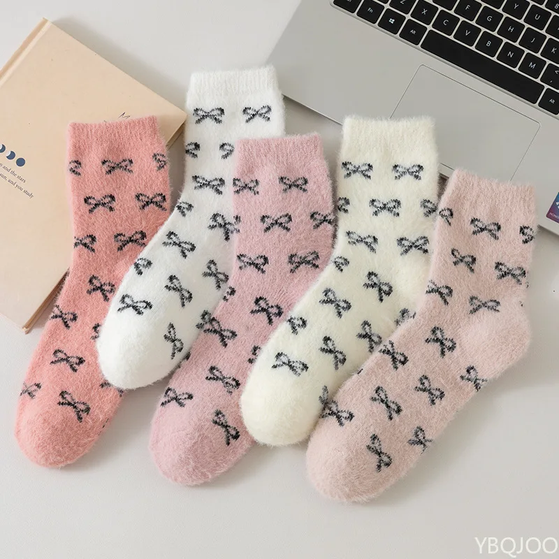 

5 pairs Autumn winter pure color warm women's socks thick velvet comfortable women's socks butterfly bow simple mid tube socks