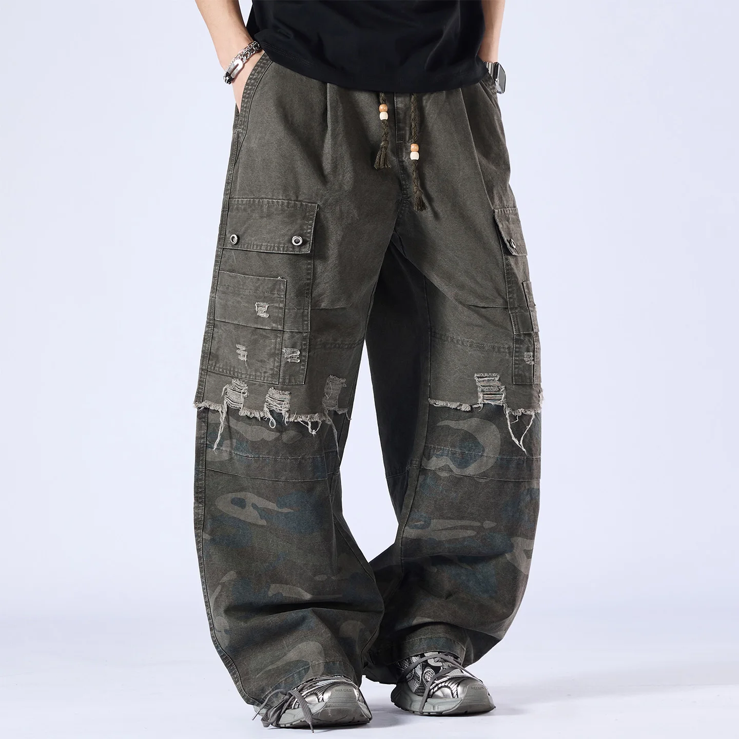 Men Japanese Streetwear Fashion Loose Casual Pure Cotton Camouflage Ripped Cargo Pants Trousers Cityboy Wide Leg Baggy Trousers