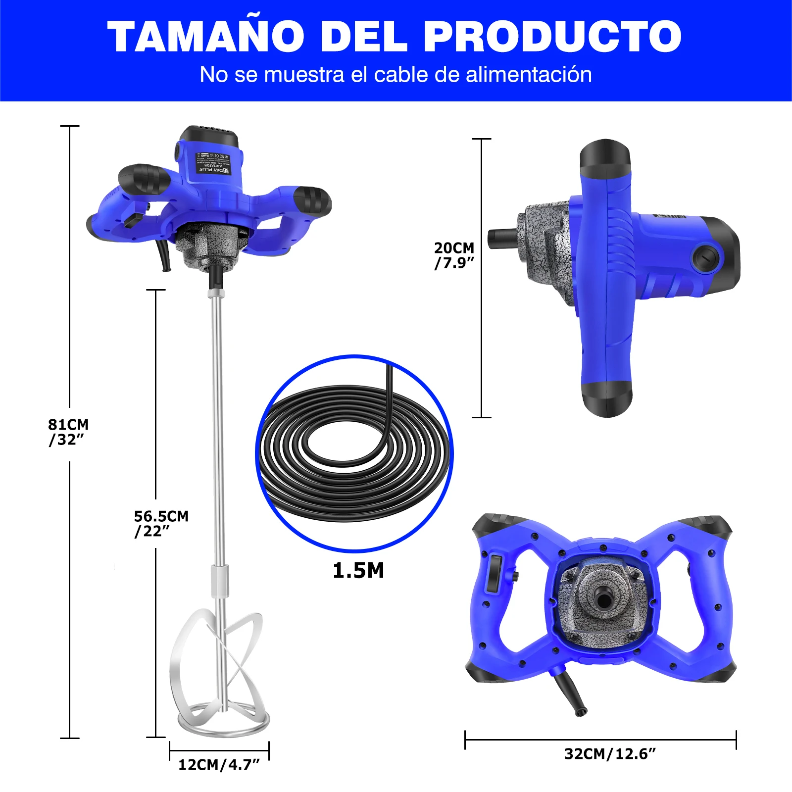 Batidora de mano de 2600 W con brazo mezclador: batidora portátil para hormigón y pintura, 6 velocidades ajustables, 230 V, para mortero, cemento, yeso y pinturas.