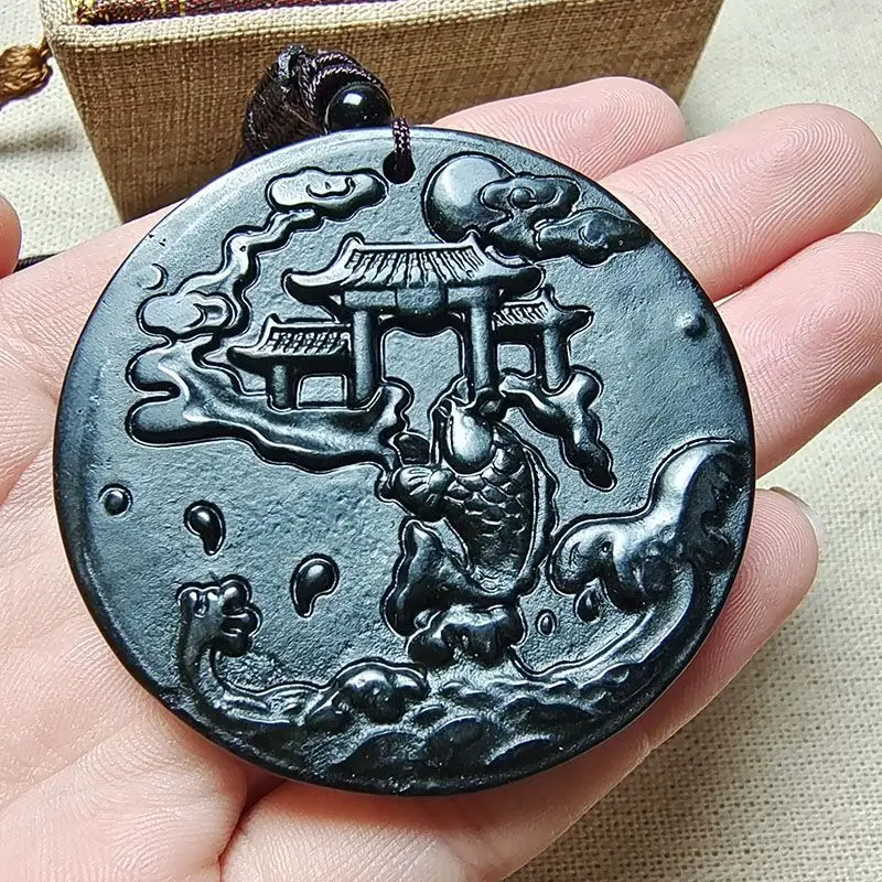 Dark Jade Carp Pendant Medicine King Stone Leaping Carp Necklace round Brand Goldfish Rich and Wealthy