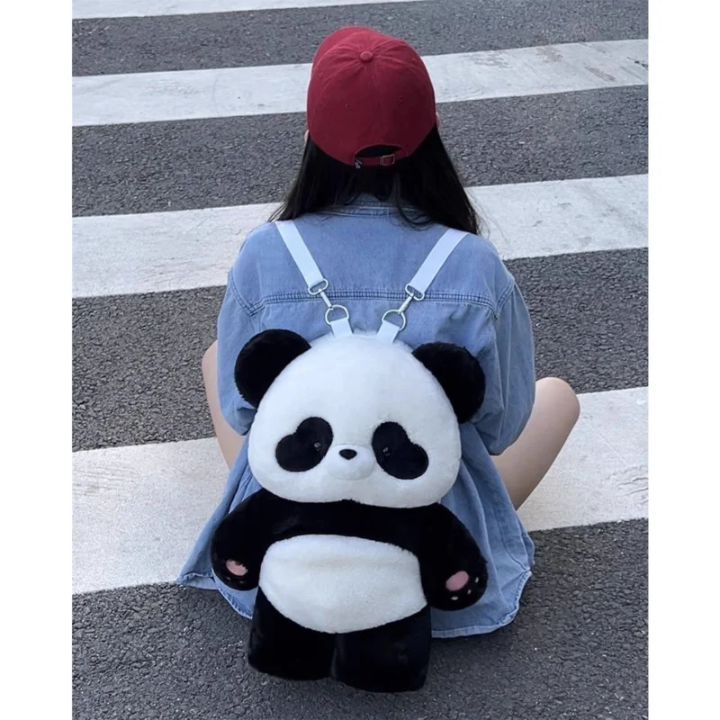 Cartoon Cute Panda Shape Backpack Nylon Plush Material 2 Sizes Available Removable Shoulder Strap Bag Fashion Women\'s Makeup Bag