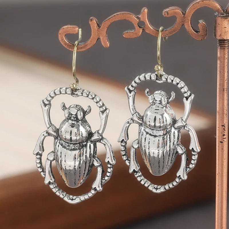 Big Silver Plated Scarab Beetle Shaped Earrings Personality Insect Jewelry Fashion Long Dangle Earring For Women Punk Rock Style
