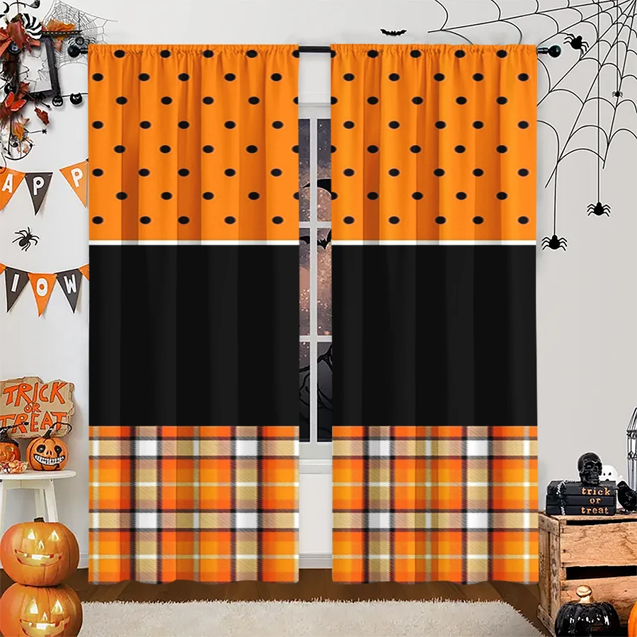 2PCS Digital Print Curtain, Orange Black Polka Dot Plaid Stripe Panel, Halloween Vintage Plaid for Bedroom Living Room