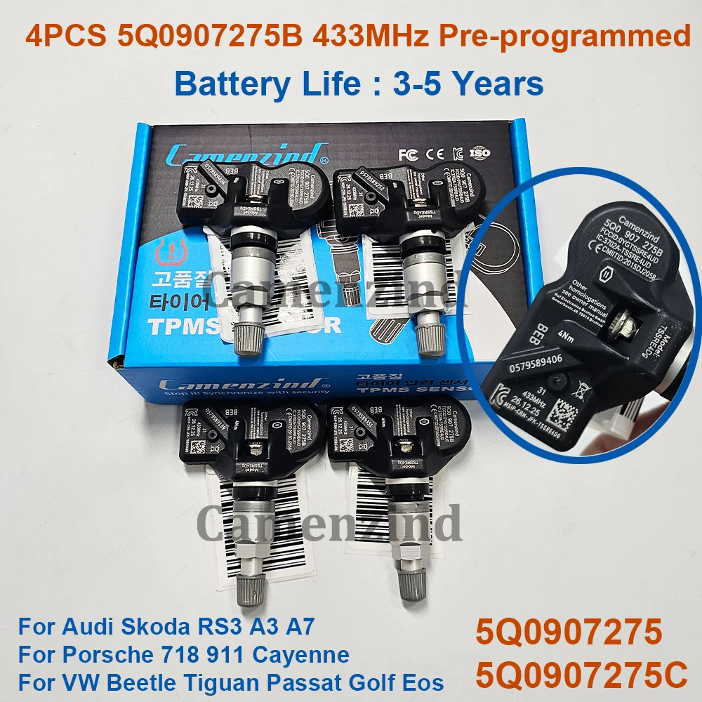 4 Peças Sensor TPMS 433MHz 5Q0907275B 5Q0907275 5Q0907275C para Audi Skoda A3 A7 Porsche 718 911 Cayenne VW Tiguan Passat Golf Eos