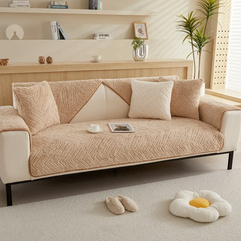Winter Lamb Velvet Sofa Towel Modern Solid Color Plush Soft Smooth Sofa Covers for Living Room L-shape Anti-slip Couch Cover