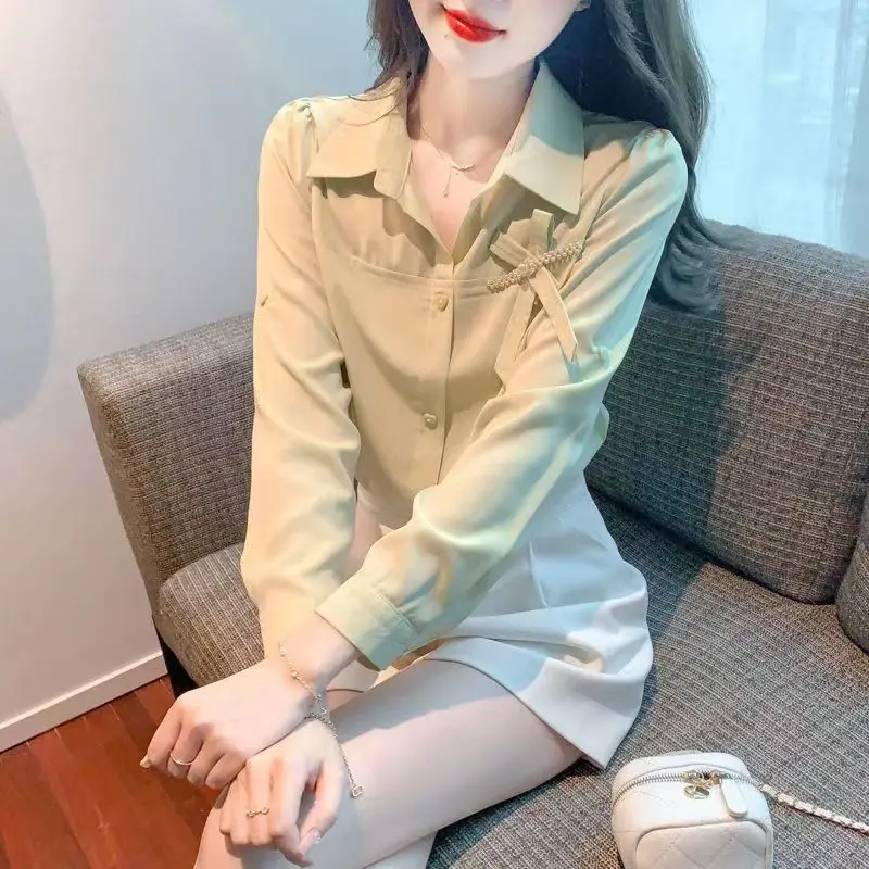 Bottone patchwork con fiocco Camicetta coreana tutto-fiammifero Primavera Autunno Manica lunga Polo Collo Camicia da ufficio Top Moda Abbigliamento donna coreana