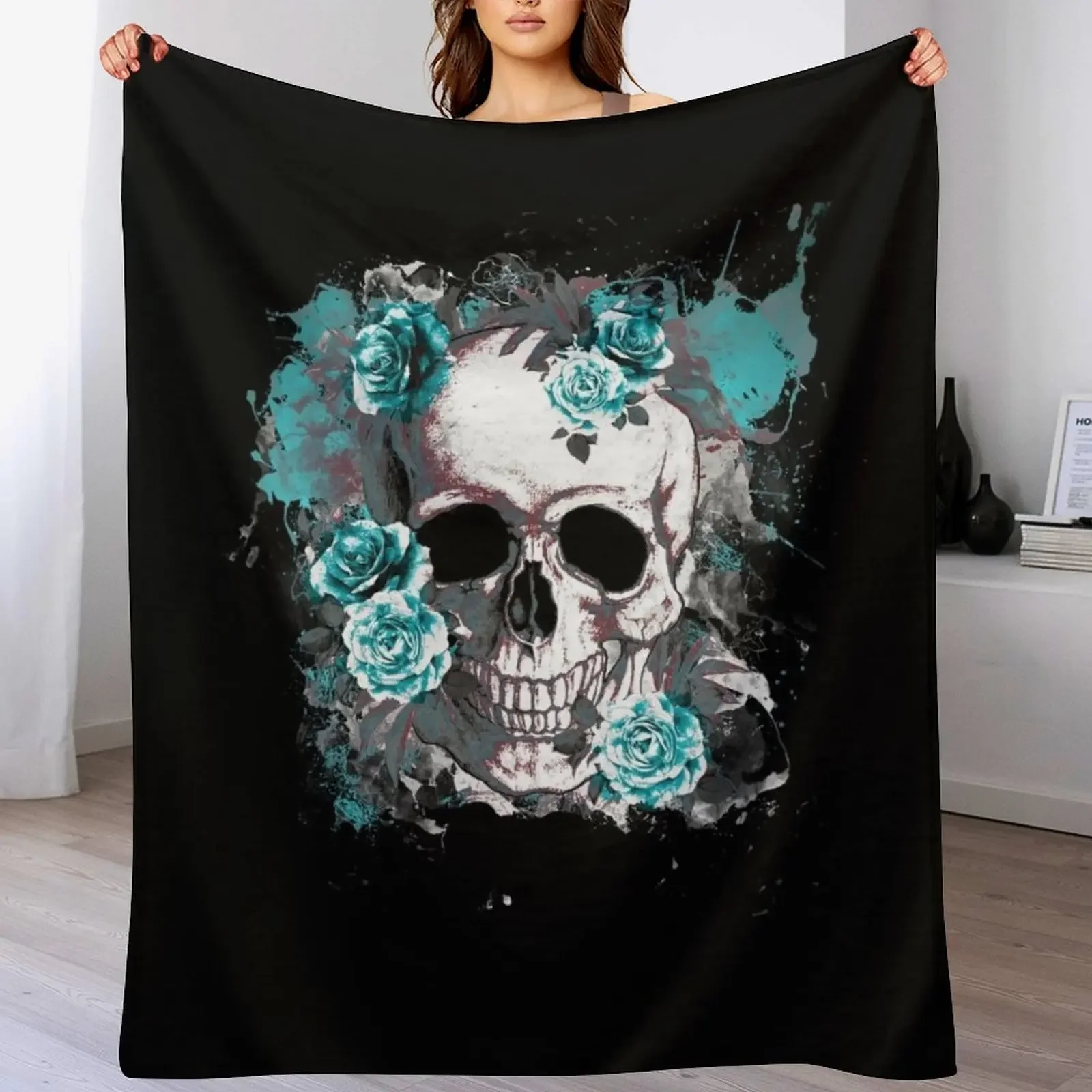 

Skull human anatomy floral, turquoise watercolor roses,mask cool, funny,cute Throw Blanket Soft Beds Bed covers Blankets