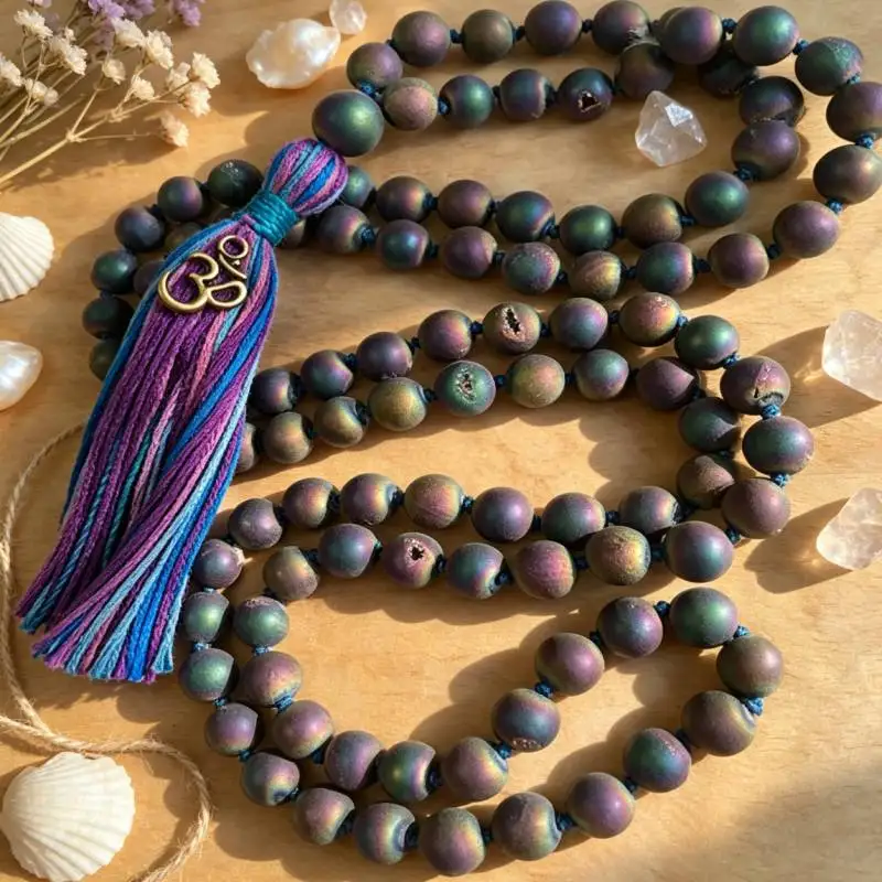 8mm 108-bead Color Hematite Necklace Knotted with Tassels Religious Classic Yoga Tibetan Spiritual Prayer Buddhism Mala