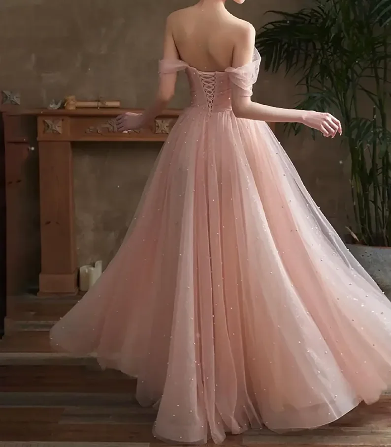 Bowith Pink Korean Wedding Dresses Off the Shoulder Pearls Soft Tulle Bridal Gown A-Line Corset Evening Dresses Customized