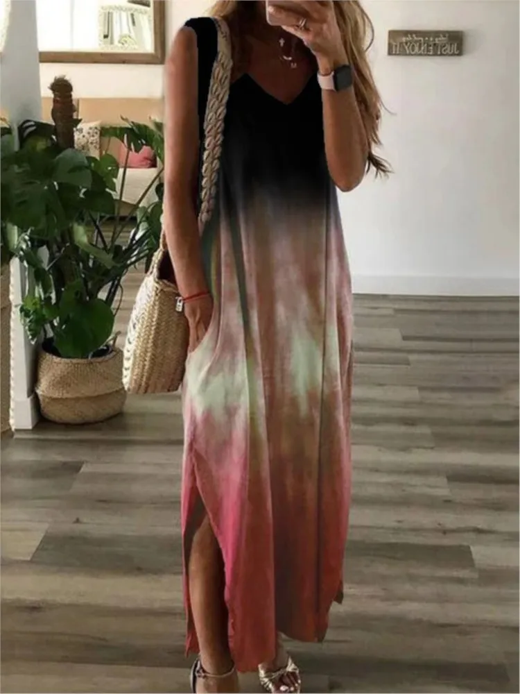 Gradient Tie Dye Print Sleeveless Long Dresses Women Fashion Casual  V-neck Loose Slit Vest Dress Female Summer A-line Vestidos