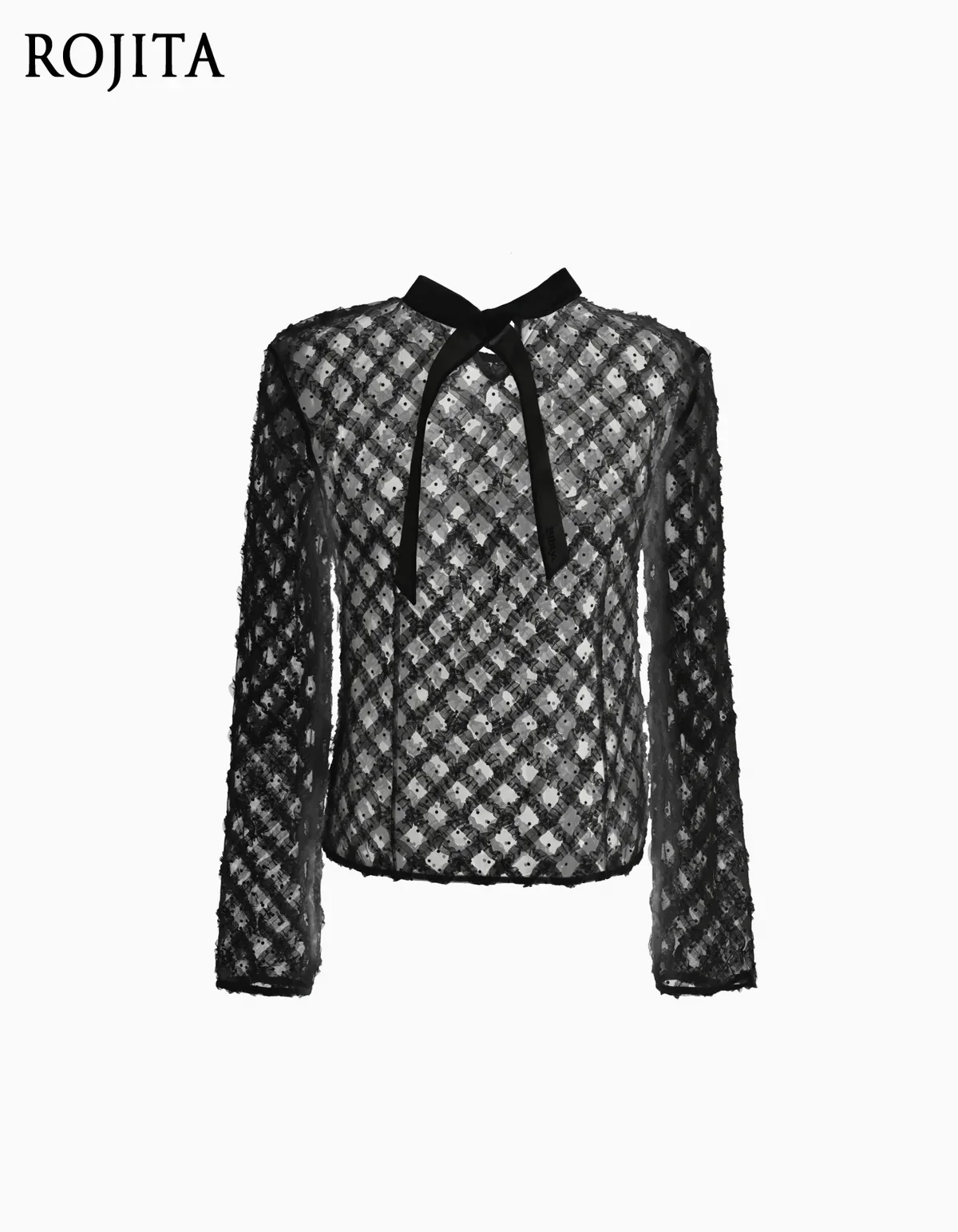 French StyleLace Splicing Mesh Perspective Long Sleeve T-Shirt Women's Bottom Top Ladies Stand Collar Bow Tie Neck Blouse