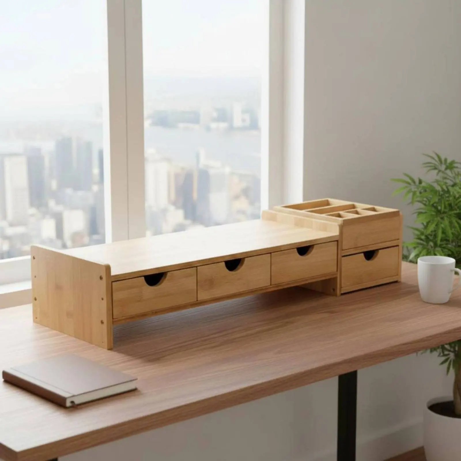Bamboo Monitor Riser with Drawers Space Saving Bamboo Monitor Stand with Drawer Ergonomic Desktop Shelf Sturdy Construction