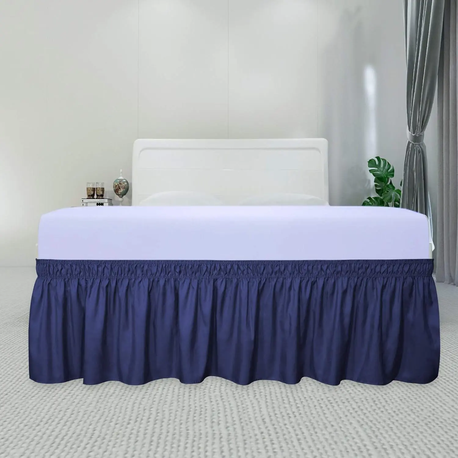 

Navy Wrap Around Ruffled Bed Skirt with Adjustable Elastic Belt Olympic Queen - 17" Drop Length Wrinkle Free Bedskirt