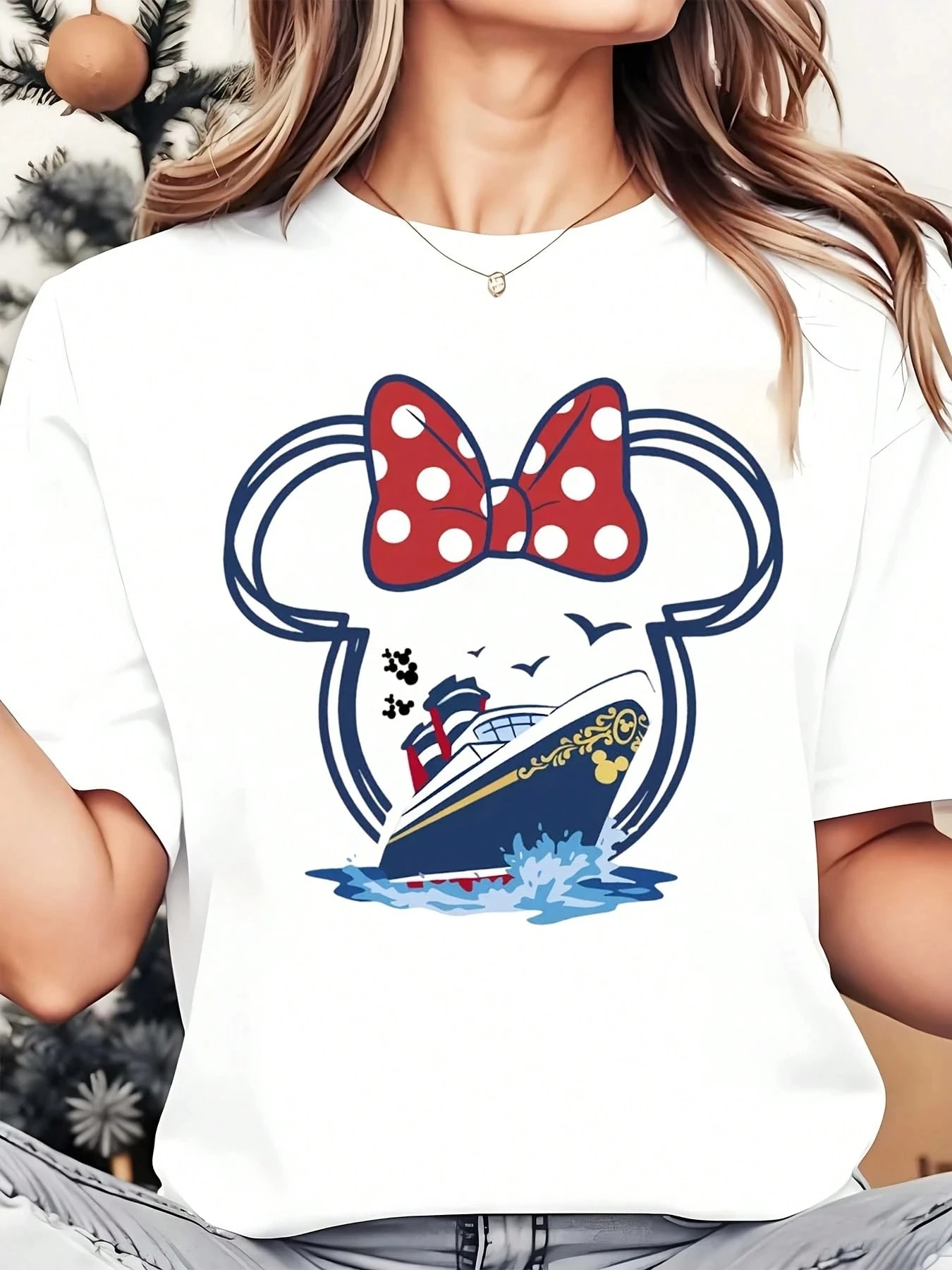 Camiseta deportiva holgada de algodón puro de alta calidad, nave de crucero de Disney, silueta de cabeza de Mickey Mouse, lazo de Minnie, ondas azules, novedad de 2026