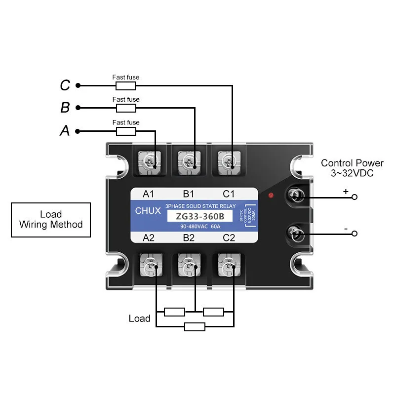 

CHUX Solid State Relay SSR 60A DC AC Three Phases 3-32VDC to 90-480VAC SSR DC Control AC