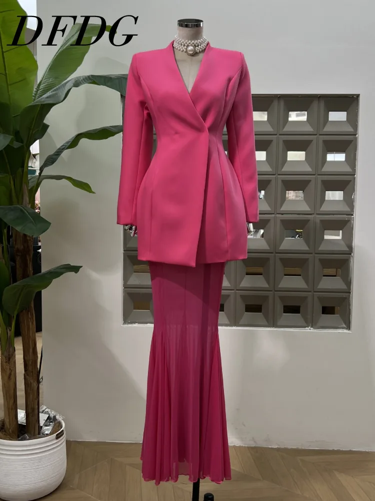 

DFDG Women's 2025 Spring Summer Elegant Waist Cinching Hidden Buttons Blazer Long Mermaid Sheer Skirt 2 Piece Set Formal Outfit