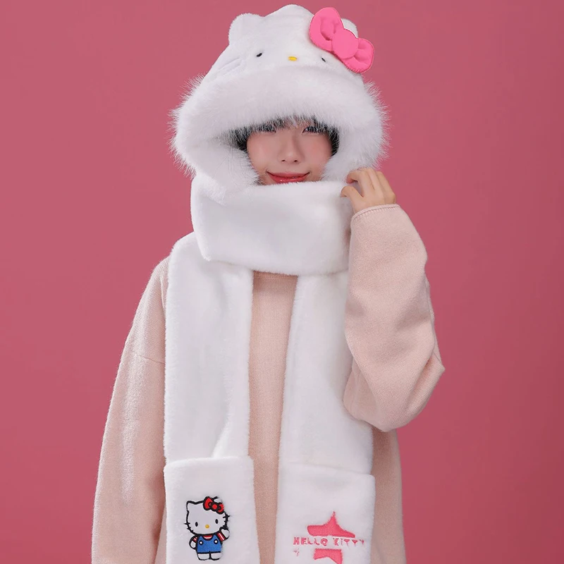 

Miniso Kuromi Winter Teenage Boy Girls Plush Hat Scarf Three-Piece Young Woman Cap Gloves Bib 3-In-1 Pupil Neck Mother-Girl Gift