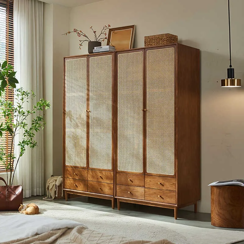 Nordic solid wood rattan wardrobe, storage locker, simple and modern retro cabinet, bed and breakfast bedroom coat cabinet