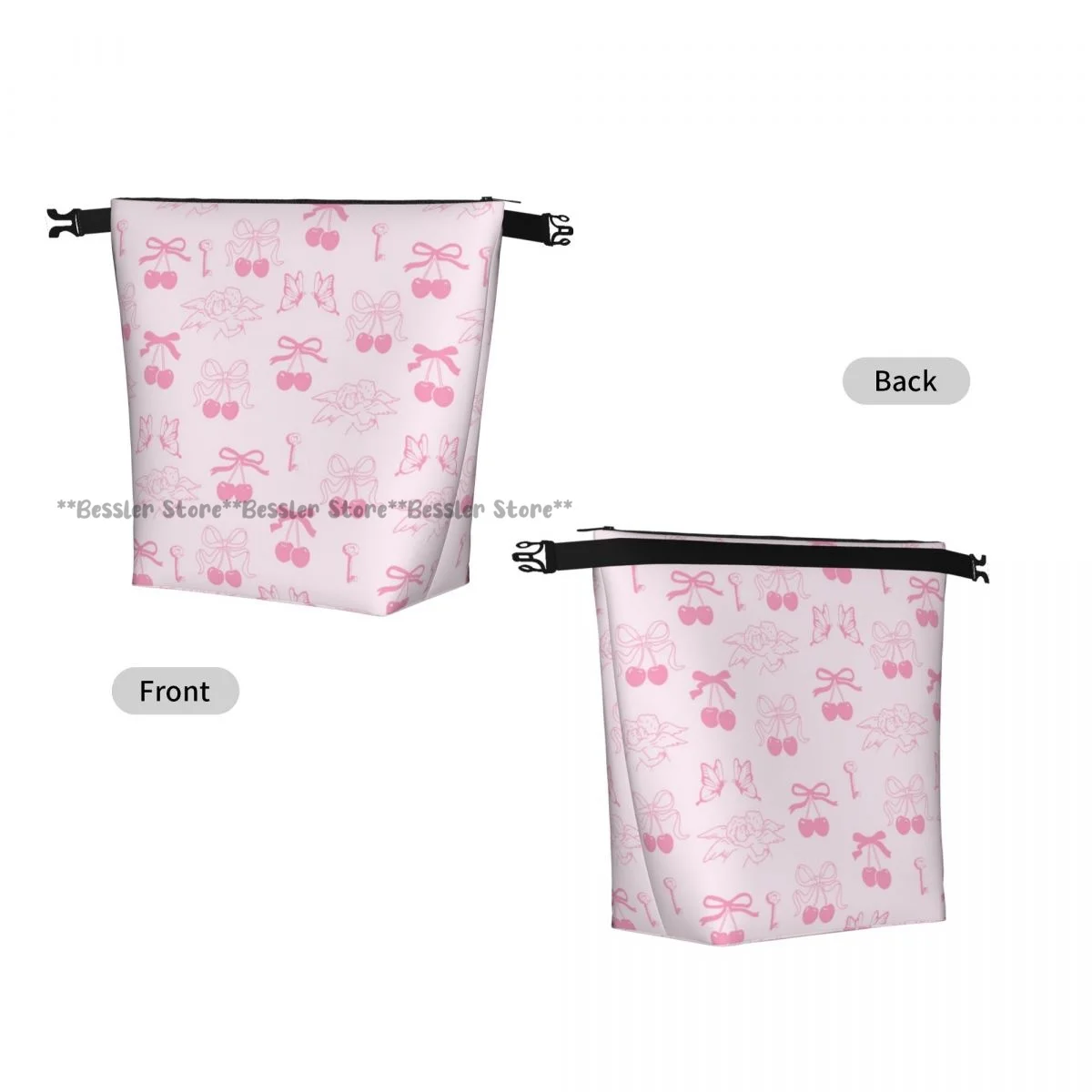 Roll Top Insulated Lunch Bag Pink Ribbon Bow Cherries Angels Butterflies Thermal Bento Box Bag Portable Cooler Bag for Picnic