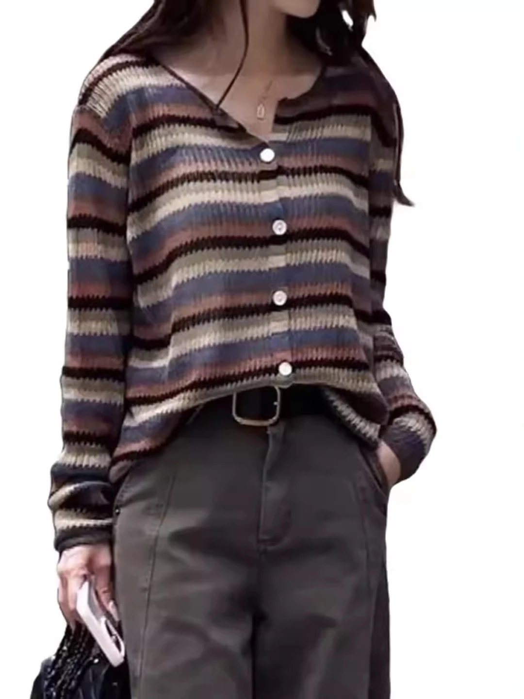 V-Ne Gebreide Trui Dames Plus Size Streep Kleur Blo Vintage Sle Lange Sve Open Vest Vrijetijdskleding Herfst Top