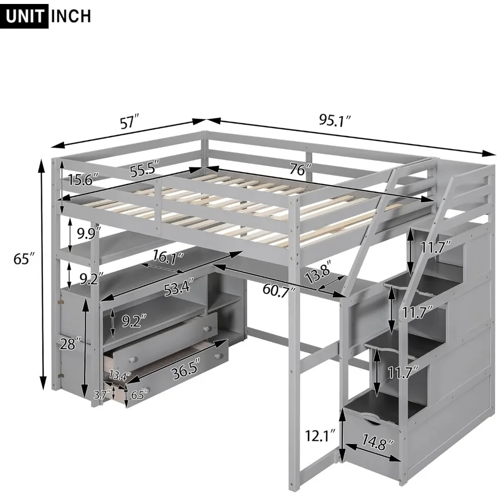 Cama Loft de tamaño completo con escritorio en forma de L, estantes, cajones de dos niveles y escalera de almacenamiento para dormitorio escolar