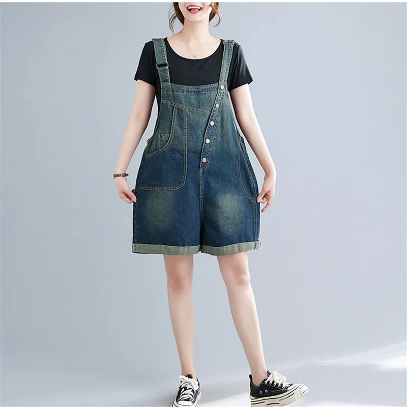 

Summer New Suspenders Denim Shorts Women Korean Vintage Loose Fashion Big Pocket Roll Edge Wide-Legged Jean Pants Female W279