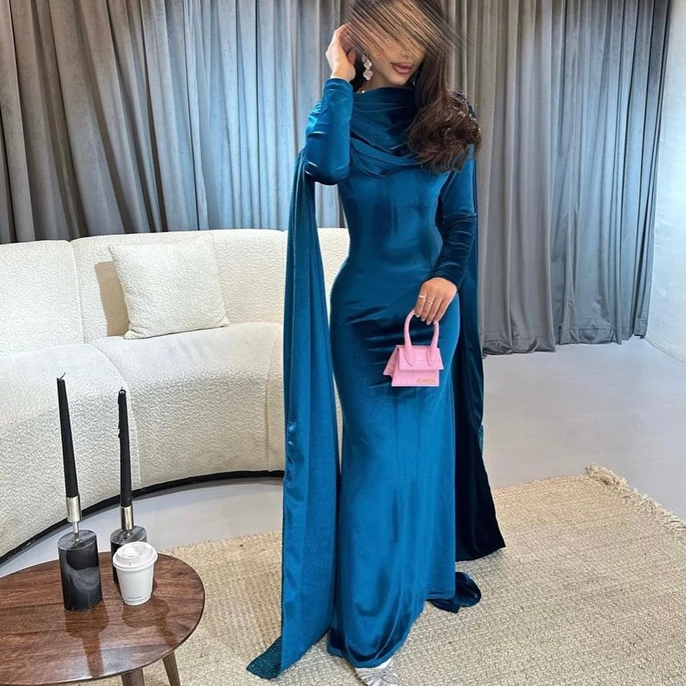 

Floor Length Long Sleeves Dubai Evening Caftan Dress Straight Velour Boat Neck Pleats Sweep Train Shawl Special Occasion Gowns