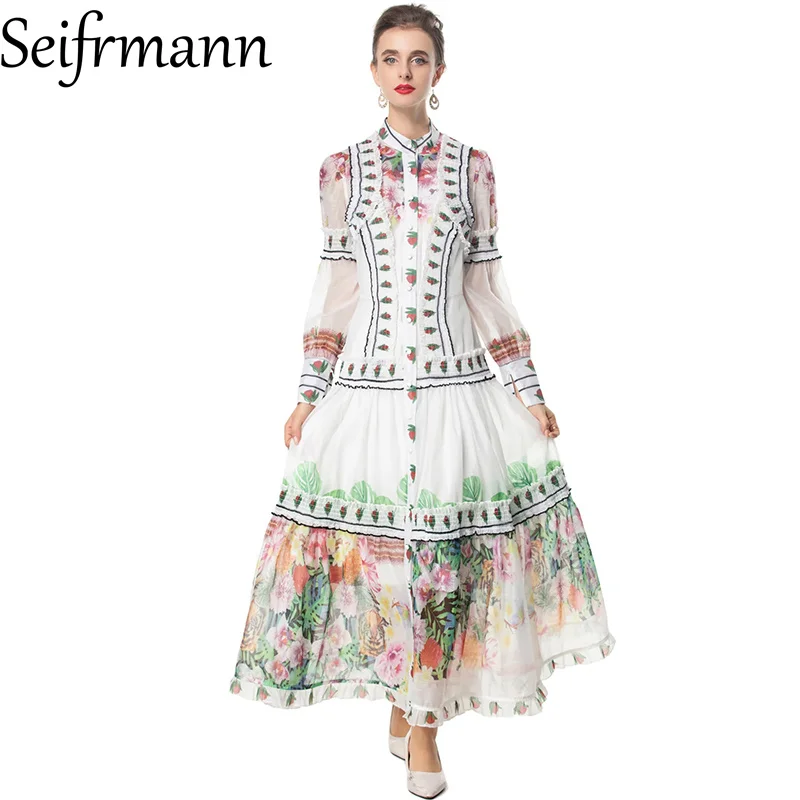 

Seifrmann 2026 Summer Women's New Fashionable Round Neck Long Sleeve Single breasted Printed Waist cinching Long Dress
