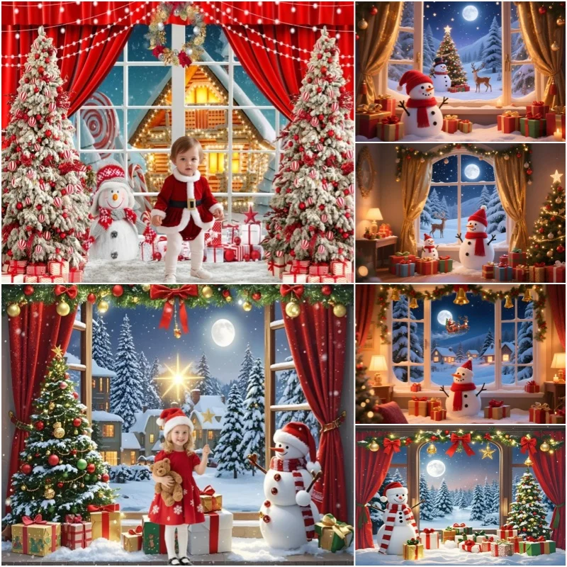 Winter Christmas Window Snowman Photography Background Xmas Tree Party Decoration Portrait Photographic Background Photo Studio