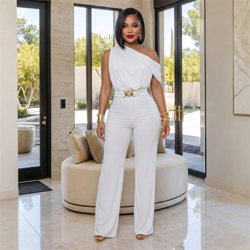 

Elegant One Shoulder Skew Neck Women's Jumpsuits and Rompers Sleeveless Ruched Party One Piece Club Outfits Overalls with Sashes