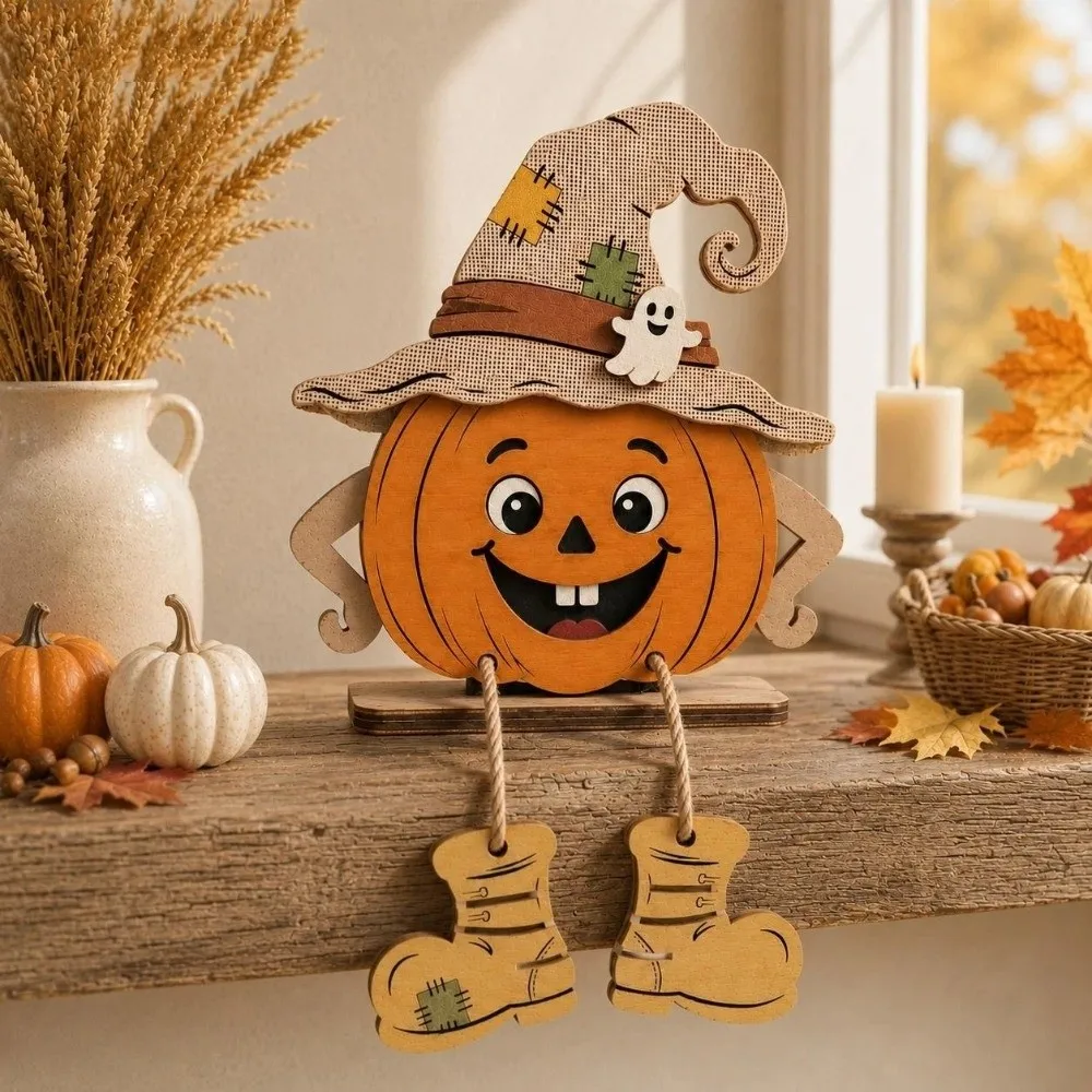 3Pcs 2D Flat Pumpkin-Shaped Wooden Ornaments Pastoral Vintage Halloween Pumpkin Figurine Stable Base with Legs