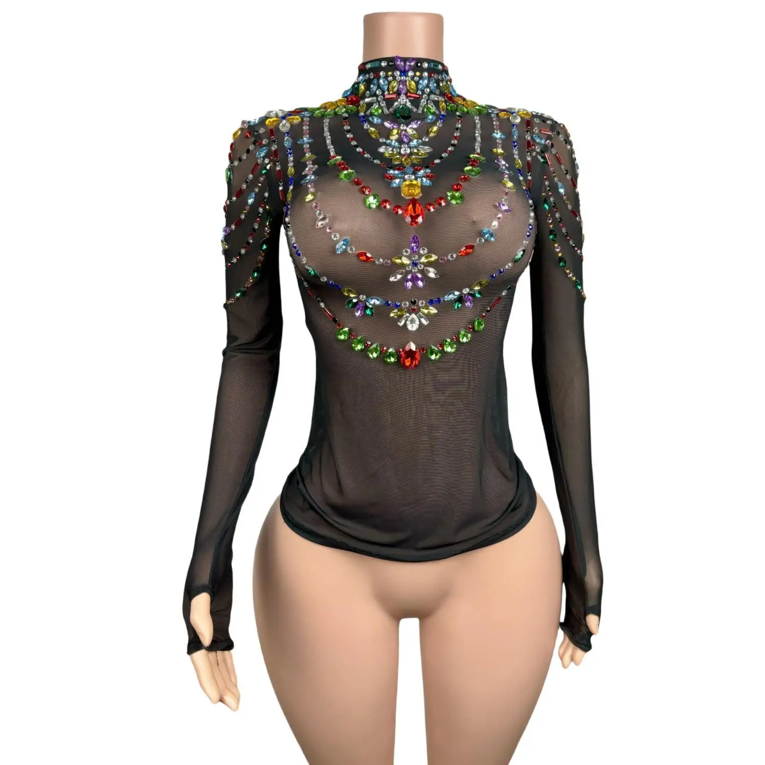 

Luxury Colorful Rhinestones Tops Black Sexy Sheath T-shirt Evening Party Performance Costume Singer Stage Wear Xuancai